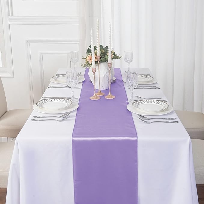 12Pack Table Runner 12 x 108 Inches Satin Silk Table Runner for Wedding, Birthday Party, Banquets, Graduations Decoration, fit Rectange and Round Table-Lavender