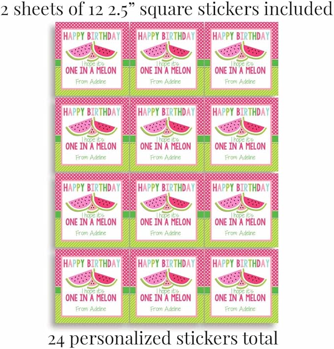 Custom & Personalized One in A Melon Watermelon Happy Birthday Gift Tag Sticker Labels, 24 2.5" Square Stickers by Amanda Creation