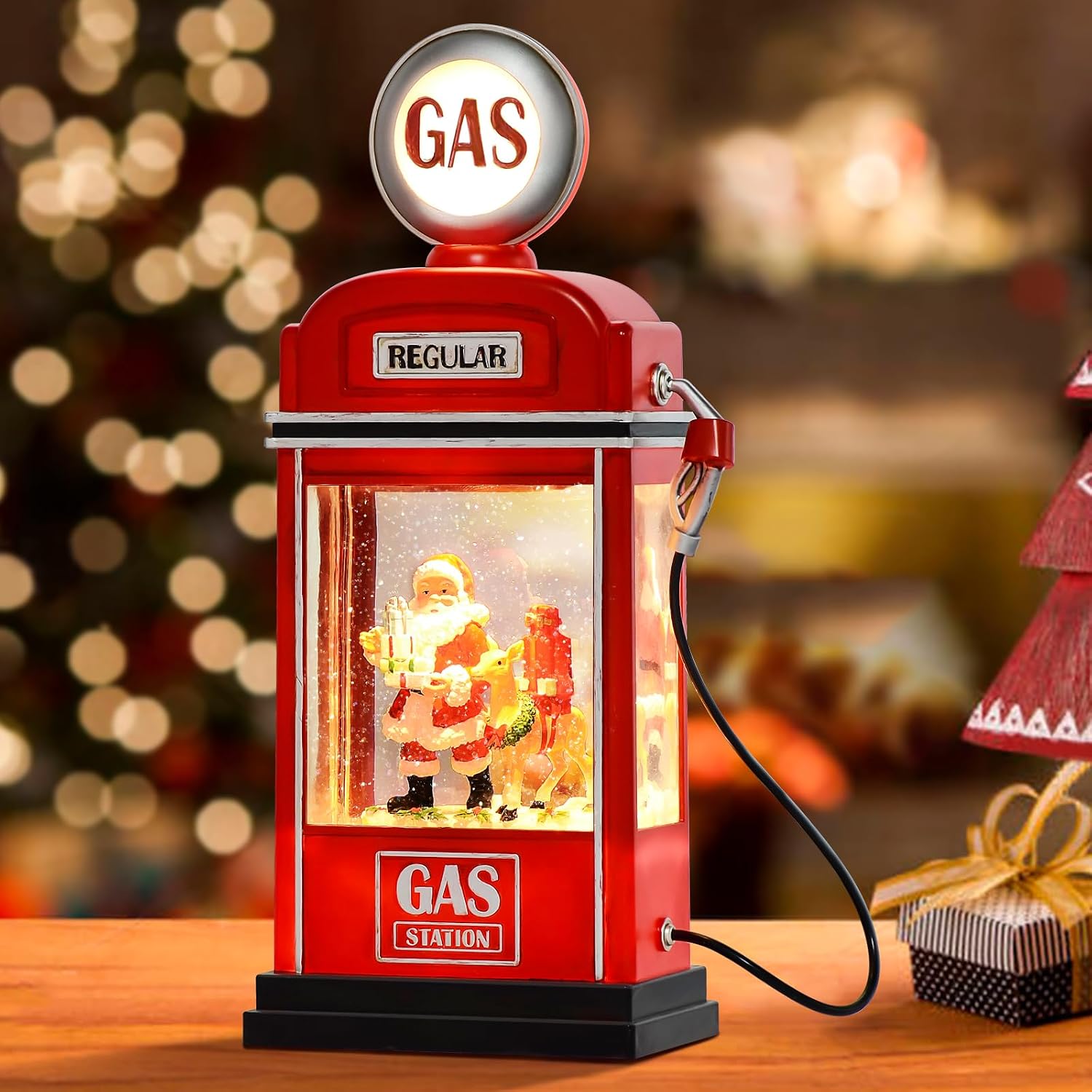 Large Christmas Snow Globes Christmas Lantern, 11.5" Lighted Electric Snowglobes with 8 Songs 6H Timer Dual Power, Santa Gas Station Christmas Ornaments Snow Globe for Kids Adults, Gifts for Men Women