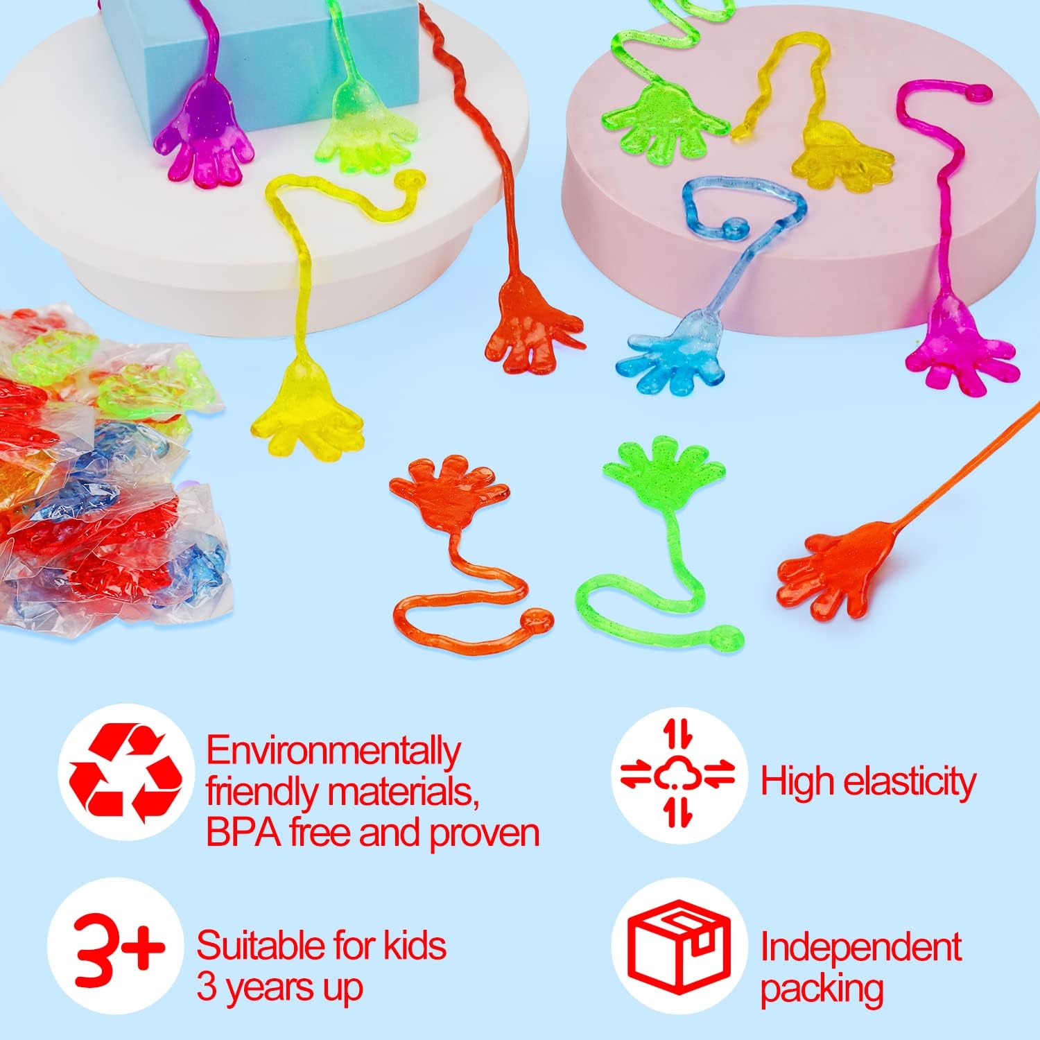 100PCS Sticky Hands Birthday Party Favors for Kids 4-8 8-12 Summer Goodie Bag Stuffers Classroom Treasure Box Toys Carnival Prizes Bulk Mini Treat Trinket Pinata Fillers Back to School Students Gifts