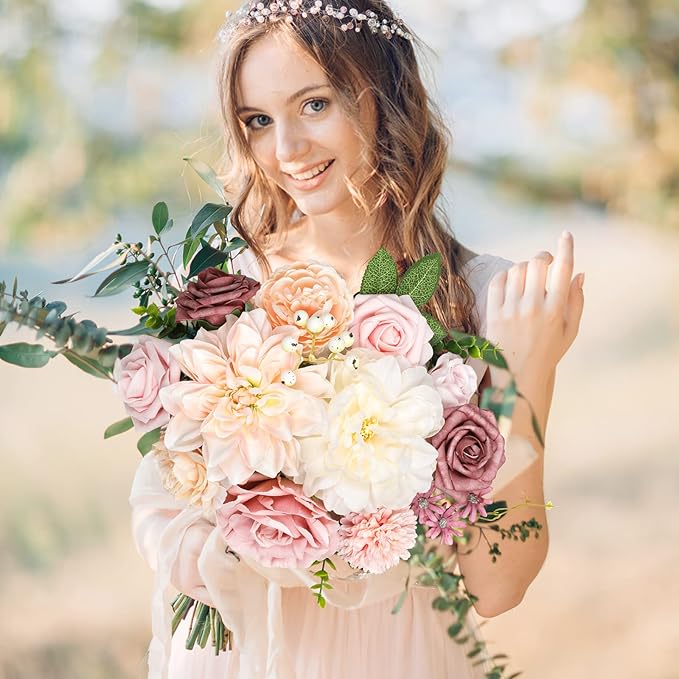 AmyHomie Blush Champagne Artificial Flowers Combo Silk Mix Peony Rose Fake Flowers w/Stem for DIY Wedding Bouquets Centerpieces Arrangements Table Fall Decor Party Bridal Baby Shower Home Decorations