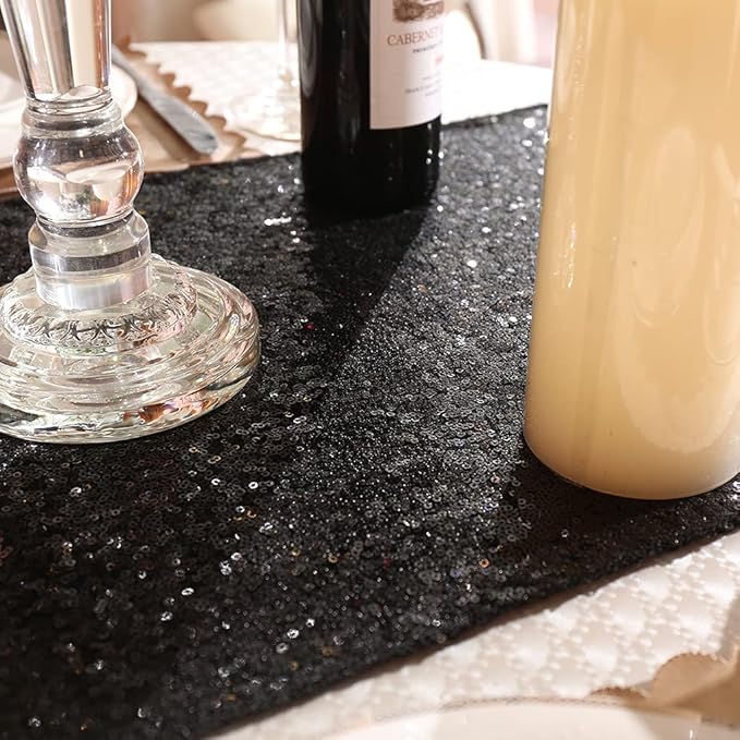 Eternal Beauty Black Table Runner for Wedding, 5PCS-12x108 Sequin Table Runner Decorations for Birthday Parties, Banquets, Graduations,Christmas