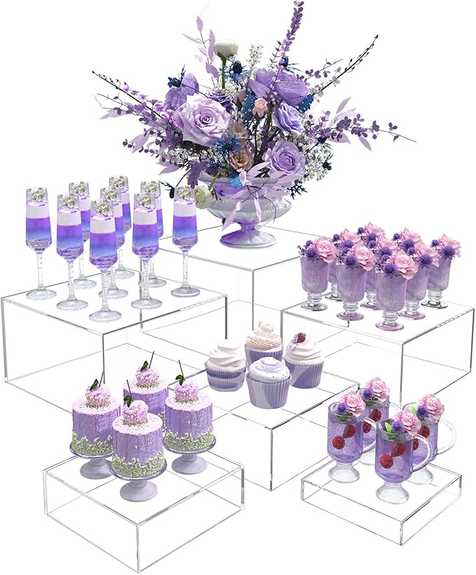 Buffet Risers, Food Display Risers for Party, Crystal Clear Acrylic Risers Display Stand for Buffet Table, Catering Displays for Dessert, Cube Box Nesting Riser with Hollow Bottom