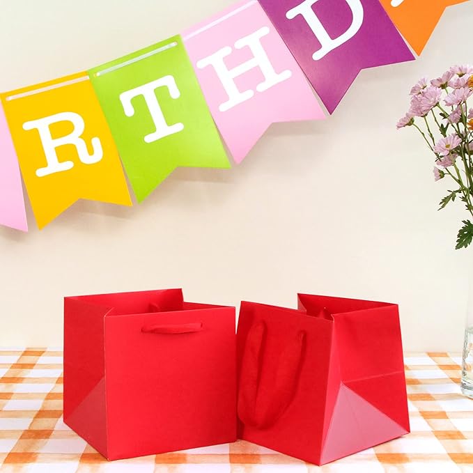 Red Paper Gift Bag Small Square Bottom Kraft Paper Bags with Handles for Wedding Baby Shower Birthday Party (Red, 8 x 8 x 8 in, 10 CT)