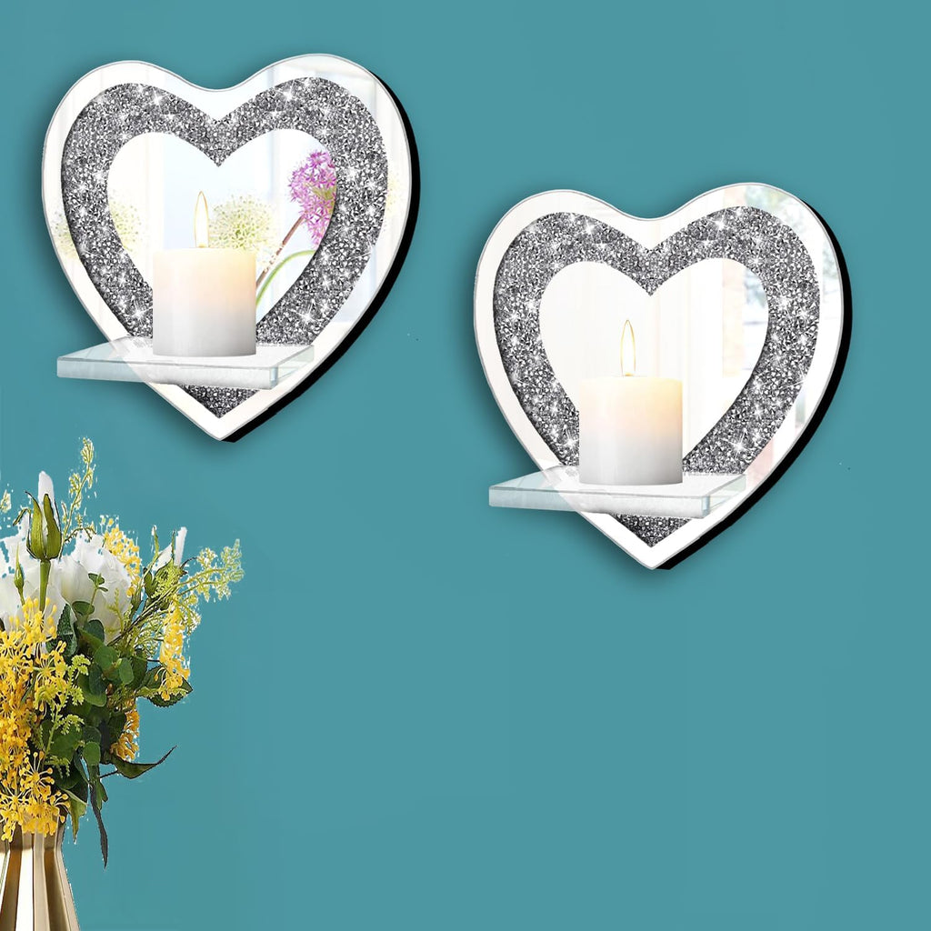 ZOLAPI Set of 2 Crystal Crush Diamond Candle Sconces, Gorgeous Silver Mirrored Wall Sconce, Candle Holder Glass Wall Decorations for Home Décor, Living Room, Dining Room.Heart Shaped
