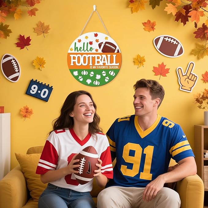 CHDITB Hello Football is My Favorite Season Front Door Sign Wreath(12"x12"), Wooden 3D Fall Decoration Wall Hanging, Farmhouse Rugby Autumn Harvest Maple Leaves Decor Hanger for Front Porch Outdoor