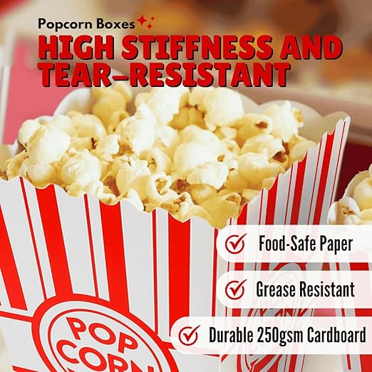 ZEEGO0 100-Pack Popcorn Boxes, Sturdy and Durable Popcorn Bucket, 7.75in Tall Large Capacity Containers, Cups & Bowls, Convenient Movie Night Supplies, Perfect for Families, Parties, Carnivals