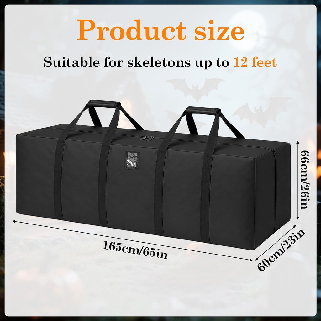 Klmnop 12ft Skeleton Storage Bag, Heavy Duty 600D Oxford Large Halloween Christmas Storage Bag with Zipper, Padded Handles & Label Pocket for 12 Foot Skeleton, Artificial Trees Holiday Decor(Black)