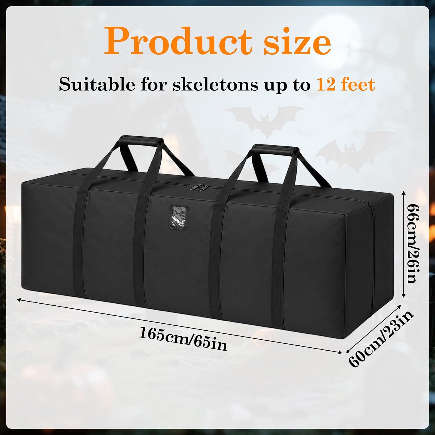 Klmnop 12ft Skeleton Storage Bag, Heavy Duty 600D Oxford Large Halloween Christmas Storage Bag with Zipper, Padded Handles & Label Pocket for 12 Foot Skeleton, Artificial Trees Holiday Decor(Black)