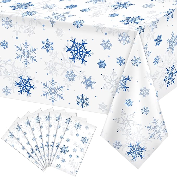 8 Pieces Snowflake Christmas Party Tablecloth Decorations,Plastic White Snowflake White Blue Xmas Backdrop Sign Table Cover Banner for Winter Christmas Holiday Party Supplies,54x108 inch（White/Blue）