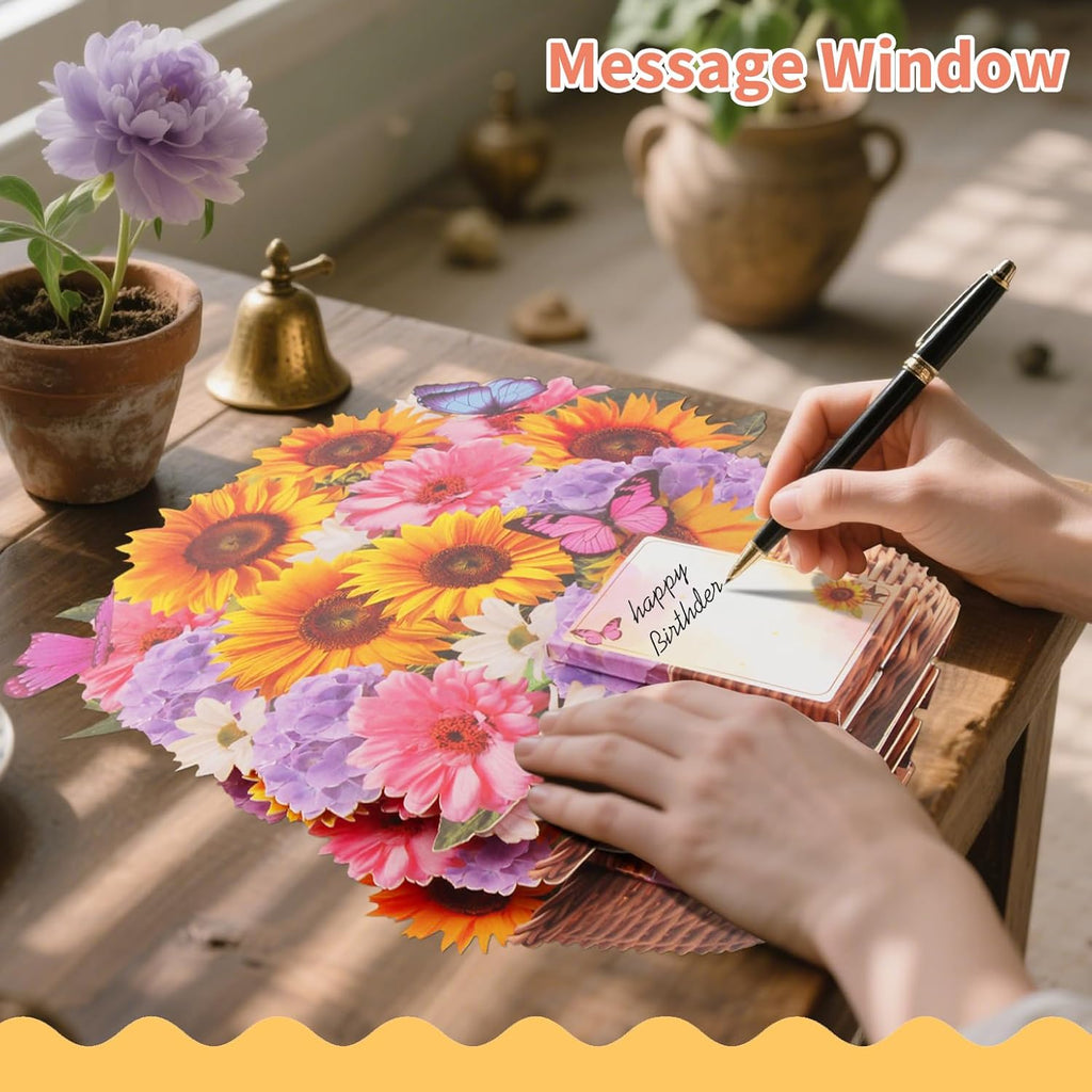 MZD8391 Birthday Cards with MUSIC & LIGHTS, Pop Up Happy Birthday Card, Sunflower & Butterfly, 10 Inch Life Sized Forever Flower Bouquet Gifts for Women Mom Grandma