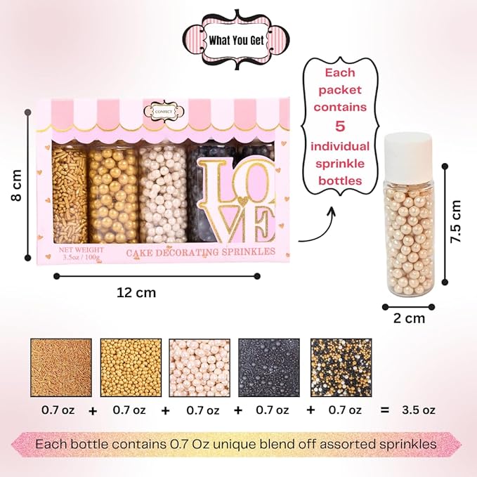 Confect Sprinkles- Red Carpet Glam Cake Decorating Sprinkles – Edible Black, White & Champagne Gold Dragees, Gold & Black Jimmies Mix – Sprinkle Mix for Cakes, Cupcakes, Cookies & Dessert Decoration- Vegan, Gluten-Free, Nut-Free, Soy-Free, Dairy-Free, ...