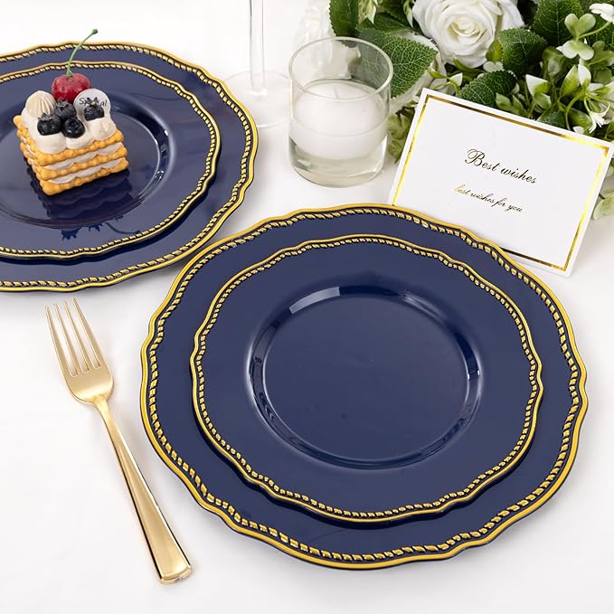 Hioasis 60pcs Blue Plastic Plates - Blue and Gold Disposable Dinnerware with Gold Rim, Heavy-duty, 7.5 inch, Dessert Plates for Party & Wedding