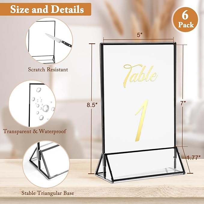 Floroom 6 Pack 5x7 Inch Clear Acrylic Sign Holders, Double-Sided Black Display Stand Picture Frames for Table Numbers, Menus, Flyers, Weddings, and Offices