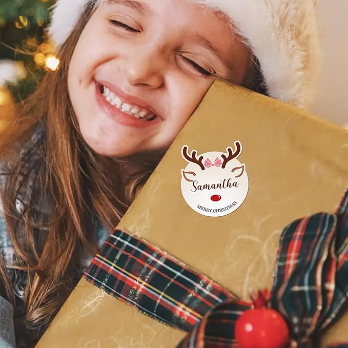 CALLIE Personalized Christmas Stickers with Custom Name, Waterproof Custom Christmas Name Tags Stickers, Peel and Stick Christmas Gift Tags ﻿(Cute Christmas Reindeer)