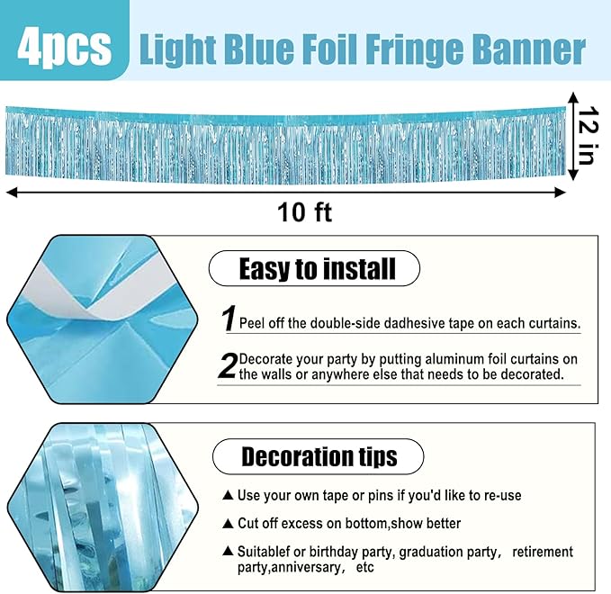 4 Pack 10 Feet Light Blue Foil Fringe Garland Metallic Tinsel Streamers Banner Wall Hanging Curtain Backdrop for Parade Floats, Wedding, Graduate, Mother's Day, Birthday Party Decoration