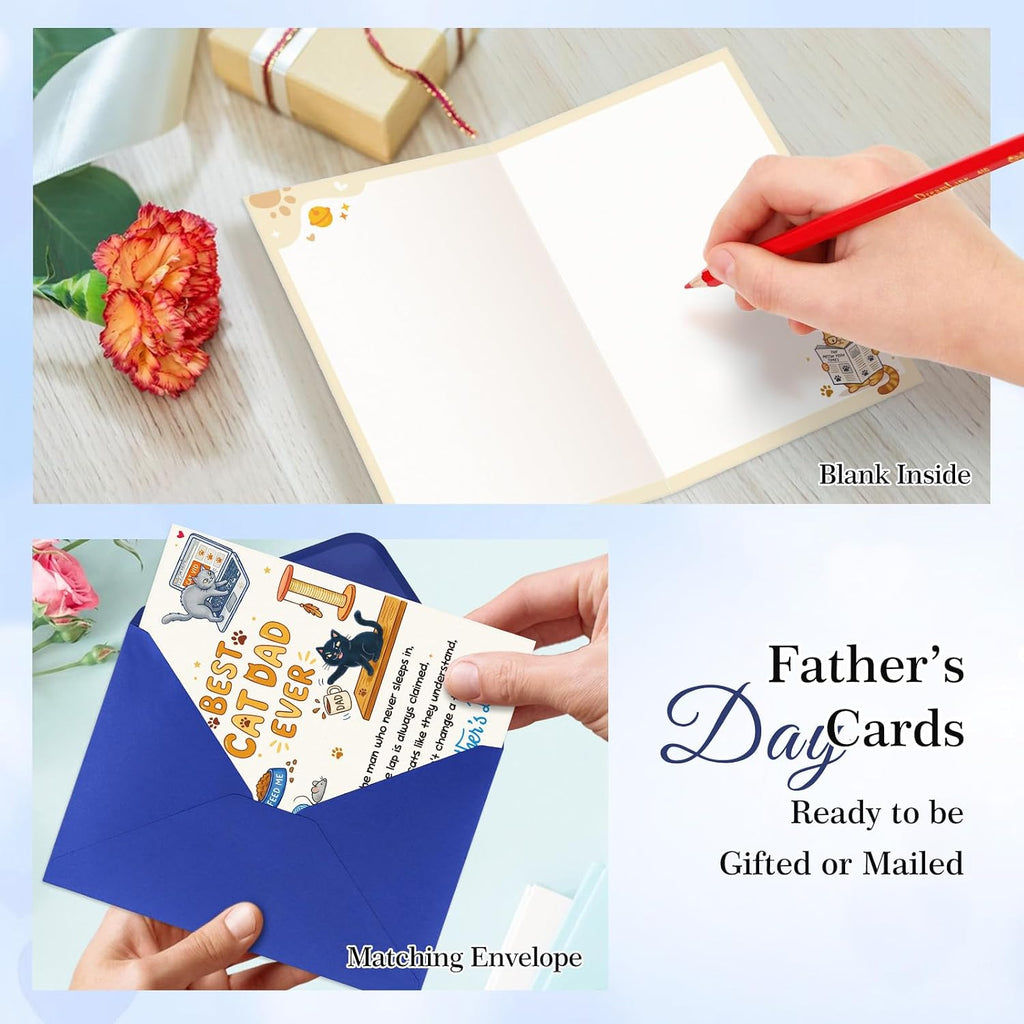 FaCraft Funny Fathers Day Card from Cat - 8x5.5 Best Cat Dad Ever Humorous Happy Fathers Day Card for Husband, Grandpa - Unique Pet Parent Gift Set with Envelope, Seal from Daughter Son