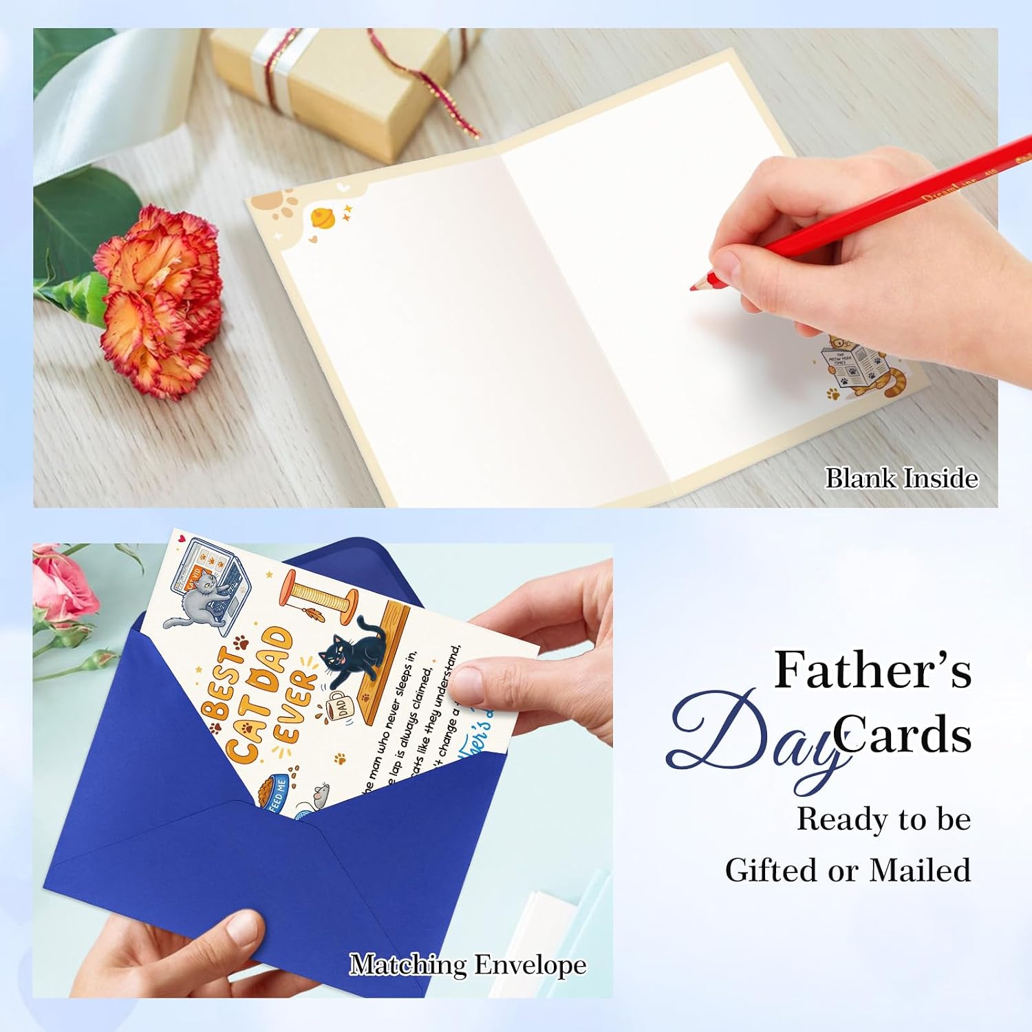 FaCraft Funny Fathers Day Card from Cat - 8x5.5 Best Cat Dad Ever Humorous Happy Fathers Day Card for Husband, Grandpa - Unique Pet Parent Gift Set with Envelope, Seal from Daughter Son