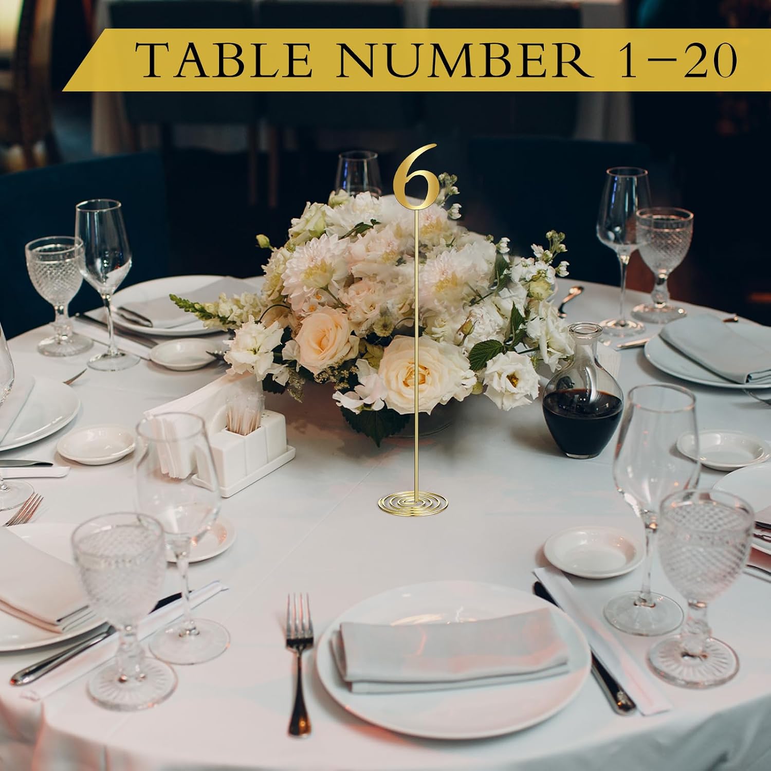 Therwen 20 Pcs Metal Table Numbers 1-20 Table Numbers for Wedding Reception 12 Inch Stainless Steel Party Desk Figure with Sturdy Holder Base for Banquet Wedding Party Event Catering(Gold)