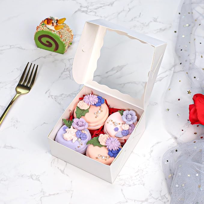 50-Count 4x4x2 Food-Safe Elegant White Bakery Boxes - Multi-Use Pastry & Treat Packaging for Cookies, Truffles & Wedding Favors (Stackable Gift Boxes for Cakes, Pies & Cinnamon Rolls)