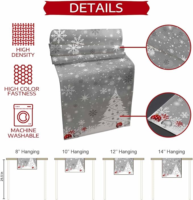Christmas Snowflakes Cotton Linen Table Runner for Dining Kitchen, Xmas Tree Snow Winter Wedding Outdoor Party Tablerunners Decoration, Grey Balls Dresser Scarf Coffee Tablecloth Runners 13x70 Inches