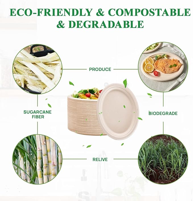 Vplus 100% Compostable Oval Paper Plates 12 inch 120 Pack Super Strong Disposable Dinner Plates Natural Biodegradable Eco-Friendly Sugarcane Plates for BBQ, Party, Gathering, and Picnic