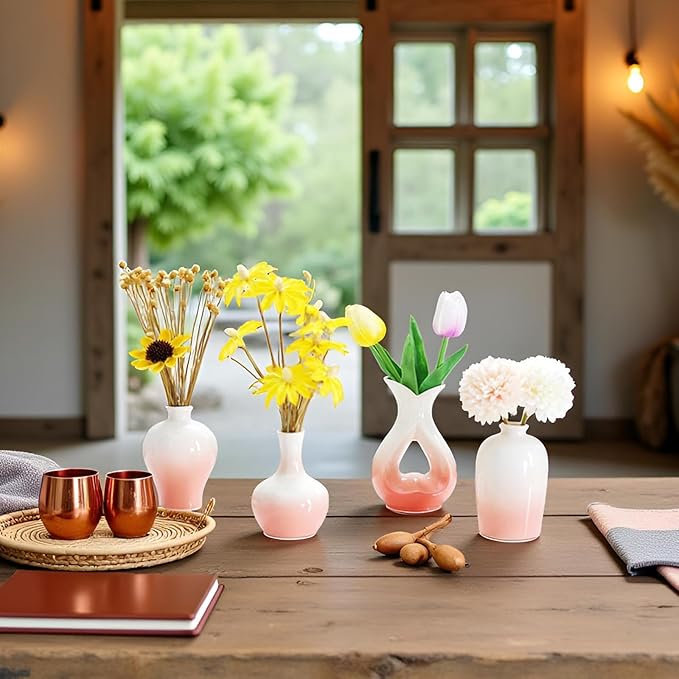 Small Ceramic Vases Decorative 4pcs Pink-White Modern Farmhouse Vase Pottery for Bouquet Pampas Grass Dried Fresh Flowers Kitchen, Bedroom, Bathroom, Entryway, Centerpieces Home Decor Jarrones para