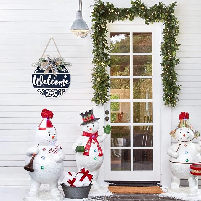 CHDITB Blue Welcome Winter Front Door Sign Wreath(11.4”), Wooden 3D Welcome Home Decoration Wall Hanging with Plaid Bow Snowflake, Farmhouse Christmas New Year Decor for Home Office