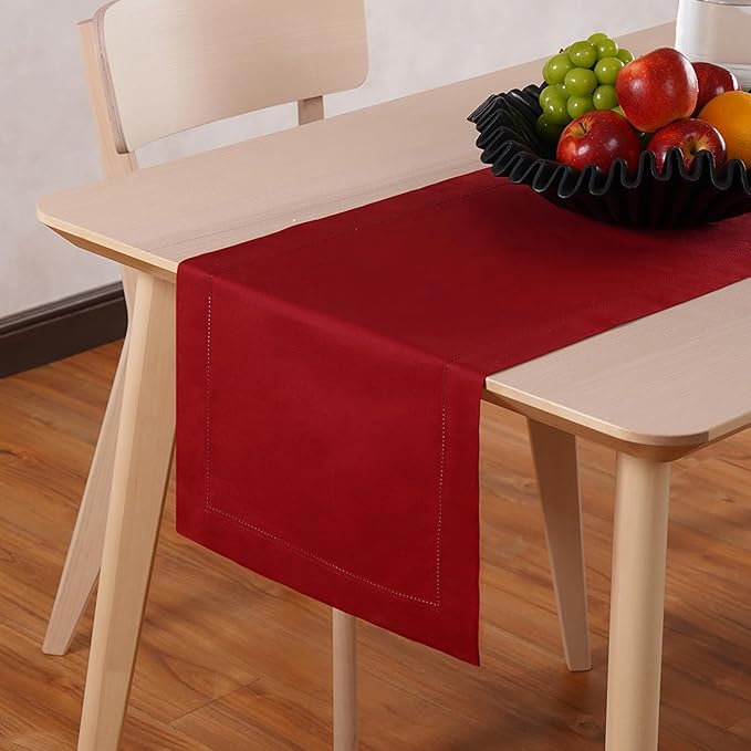 Red Table Runner 72 Inch – Cotton Linen Hemstitch Farmhouse Table Runner 14x72 – Washable Fabric for Dining, Fall, Halloween, Thanksgiving, Spring, Summer, Wedding, Everyday Décor – Serena