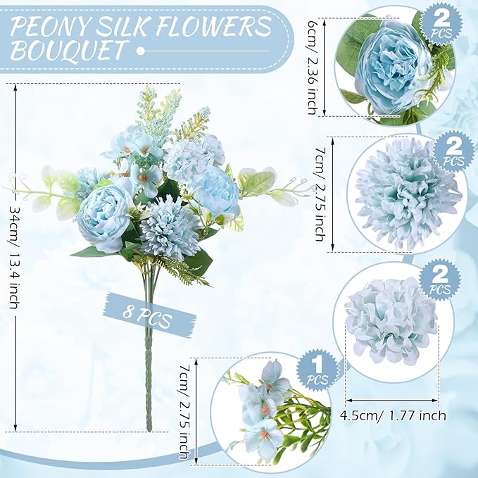 Zeyune 8 Pcs Wedding Silk Flowers Fake Silk Flowers Faux Bouquet Hydrangea Bouquets for Wedding Birthday Party Table Centerpieces Home Decoration(Blue,Peony)