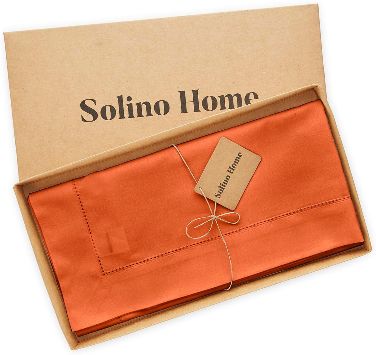 Solino Home Cotton Linen Tablecloth Burnt Orange Hemstitch, 58 x 120 in