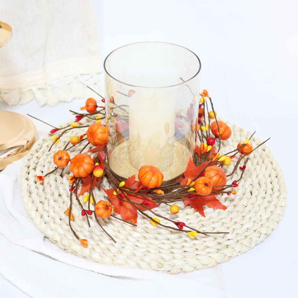2 Pieces Pumpkins Maple Leaves Candle Rings Wreaths with Pip Berry Fall Candle Rings Thanksgiving Day Ring Holder Mini Autumn Artificial for Wedding,Door Tabletop Decoration (Orange)