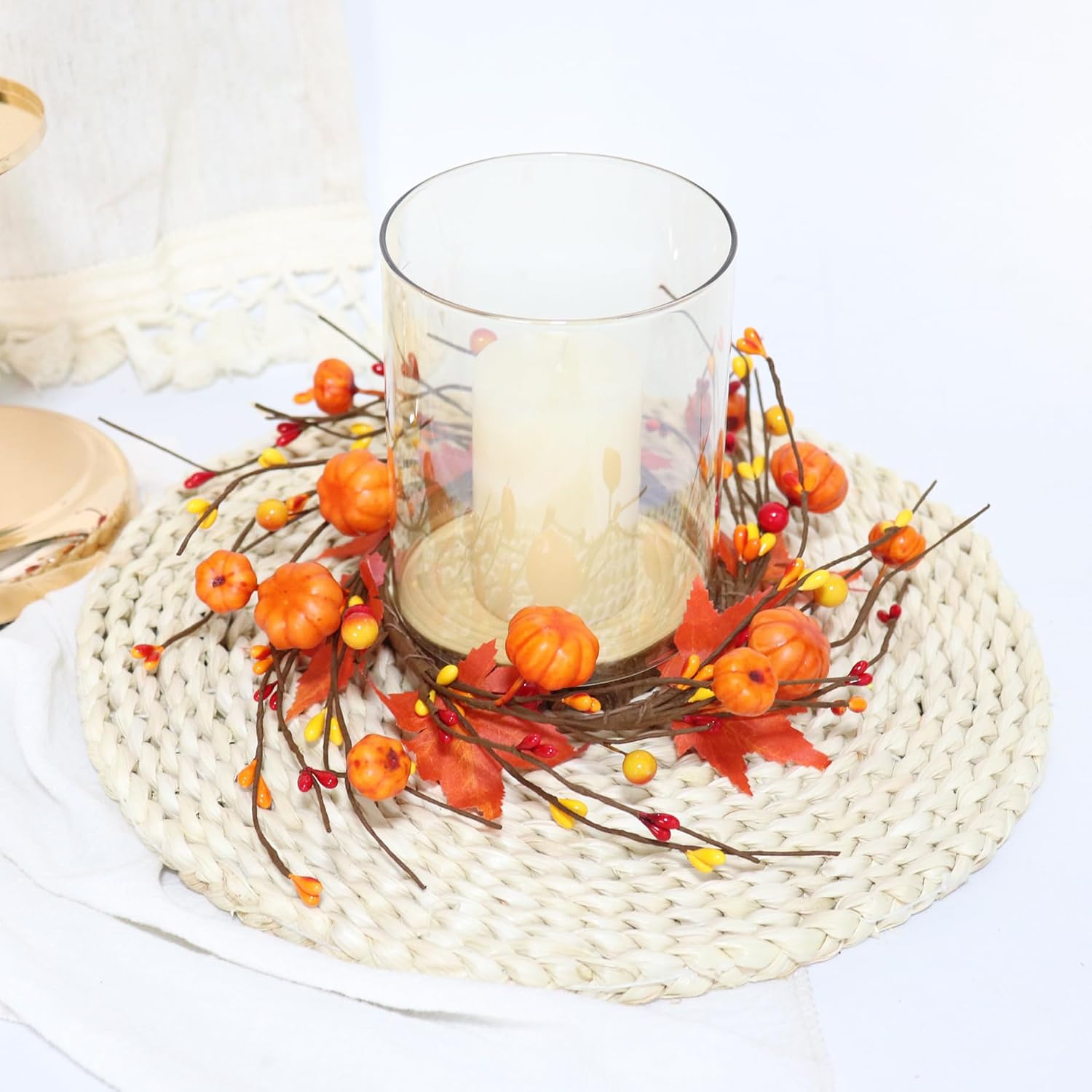 2 Pieces Pumpkins Maple Leaves Candle Rings Wreaths with Pip Berry Fall Candle Rings Thanksgiving Day Ring Holder Mini Autumn Artificial for Wedding,Door Tabletop Decoration (Orange)