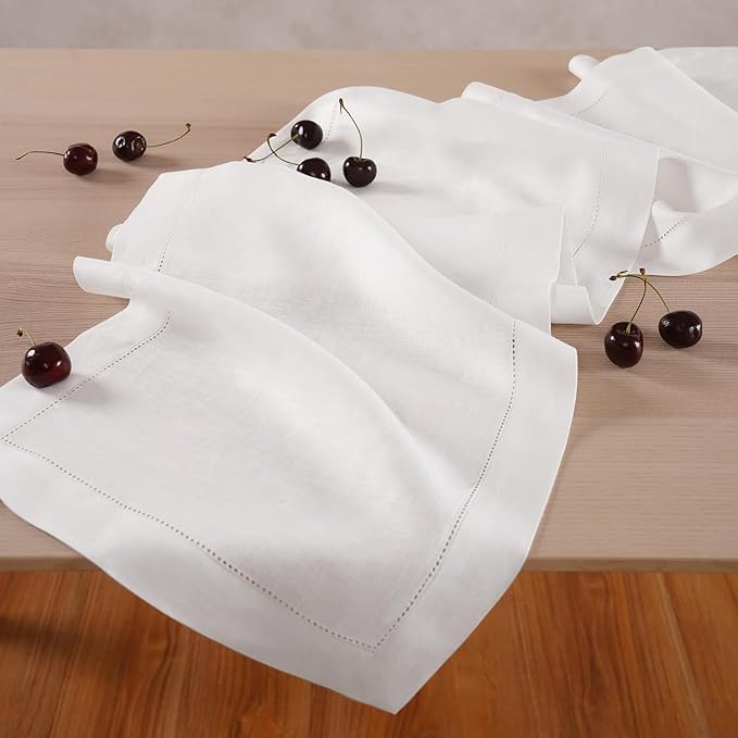 Linen Table Runner 14 x 120 Inch Long - 100% Pure Linen Christmas White Table Runner - Cloth Fabric Hemstitch Runner for Thanksgiving, Christmas, Winter, New Year - Elara