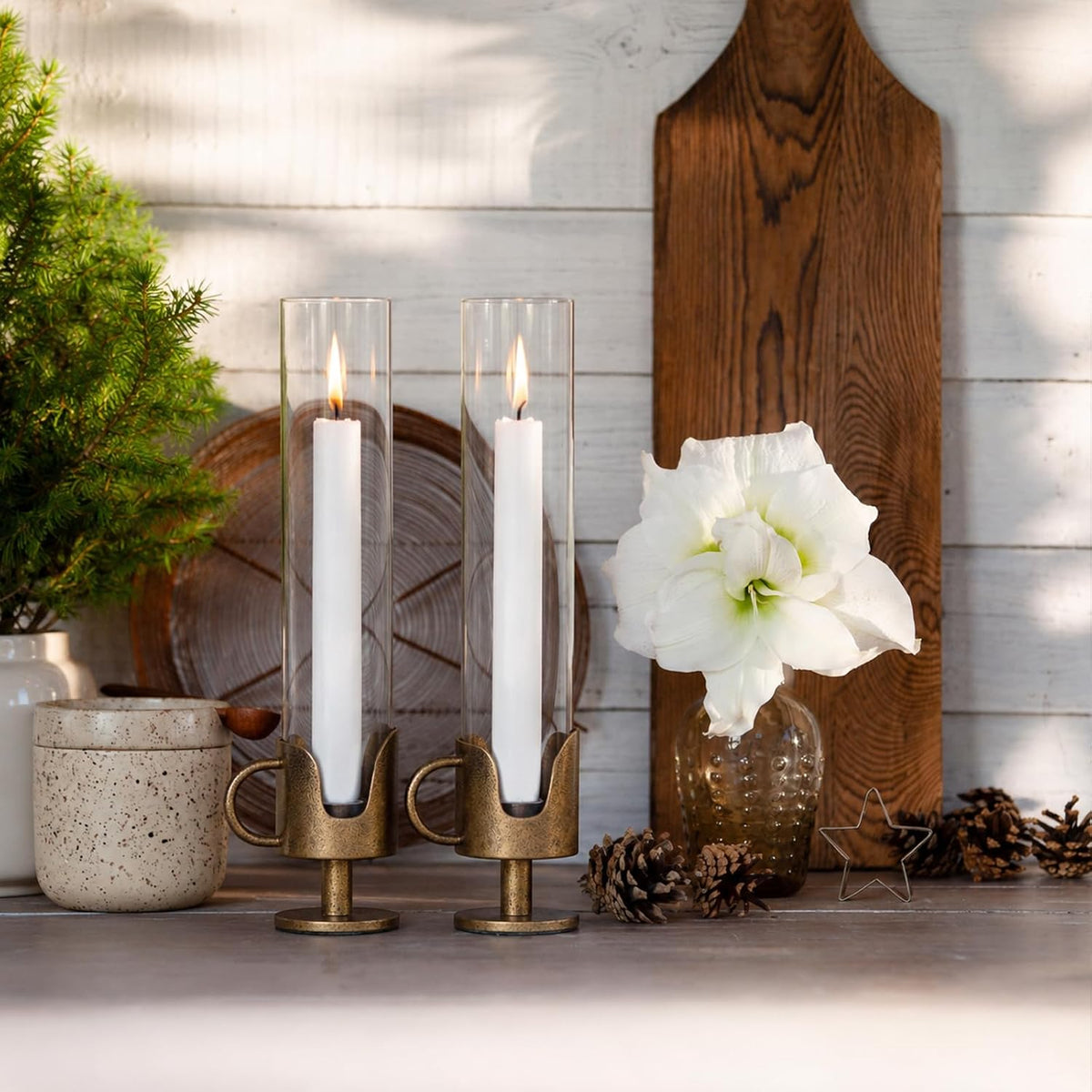 Vintage Cast Iron Hurricane Glass Candle Holder for Taper Candles Set of 2