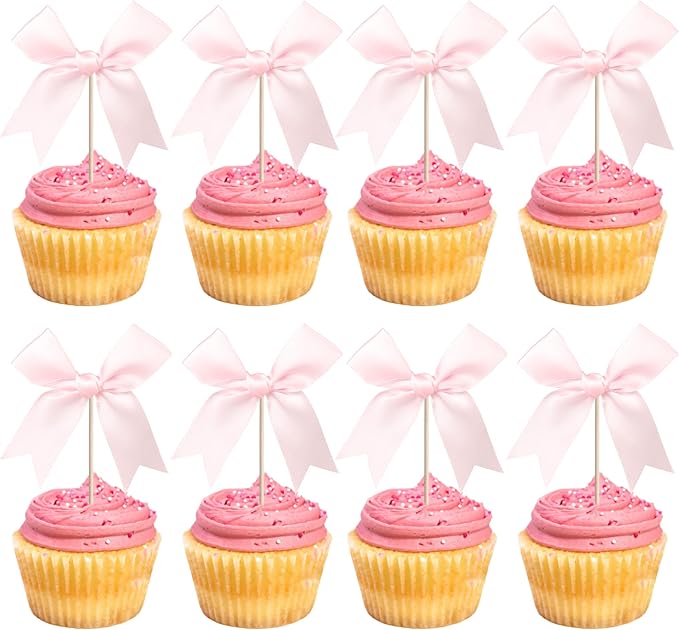 24 PCS Bow Cupcake Toppers Bowknot Coquette Bow Girls Birthday Cake Decorations Bow Cake Toppers Bowknot Cupcake Picks for Baby Shower Birthday Wedding Bridal Engagement Party Supplies Pink