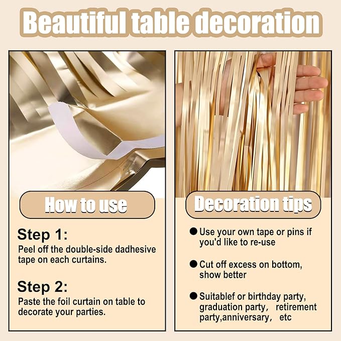 3 Pack 29 x108 Inch Champagne Gold Foil Fringe Table Skirts Metallic Banner for Tinsel Streamer Garland Backdrop for Parade Floats Wedding Thanksgiving Birthday Christmas New Year Party Decoration