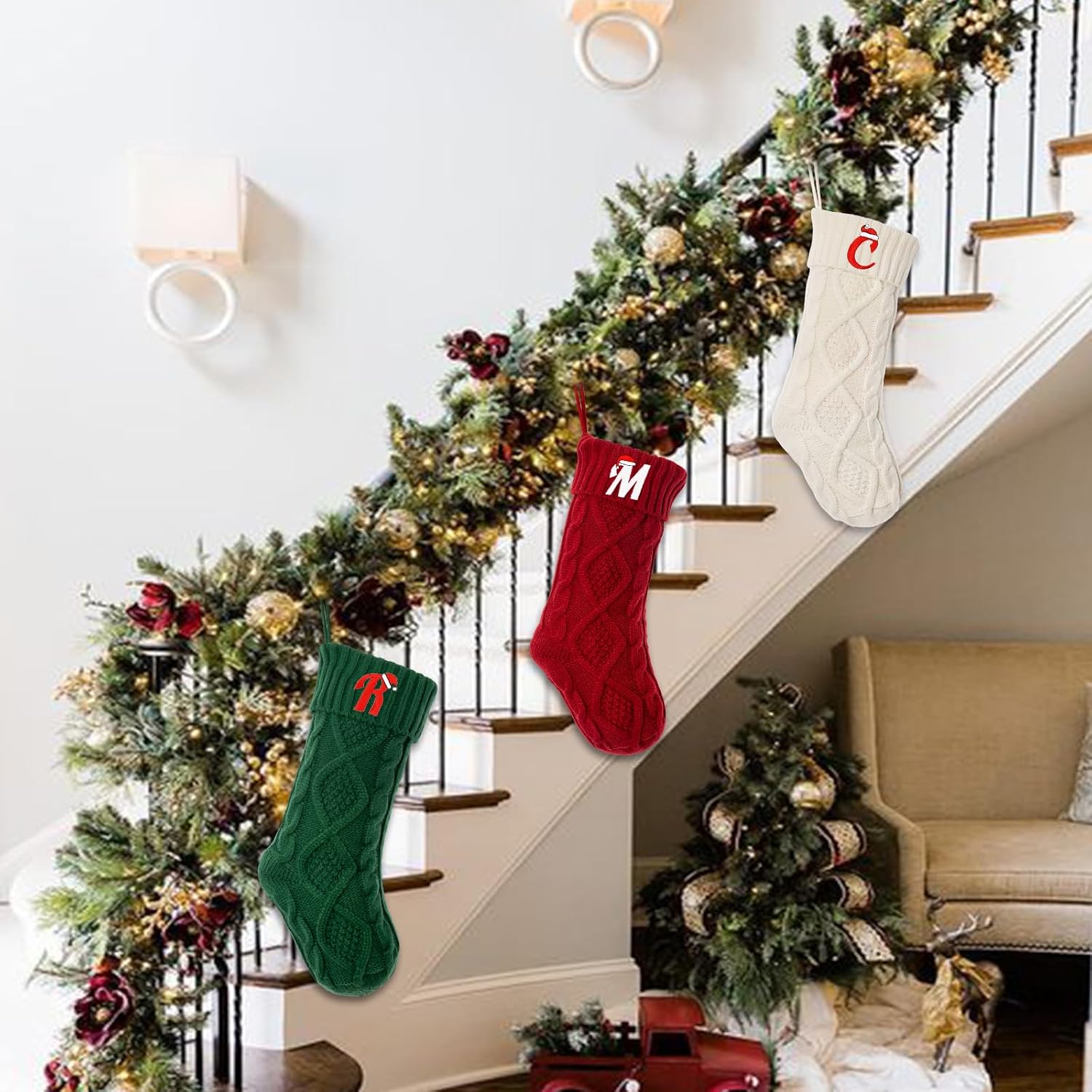 Christmas Stockings with Initials, Personalized Custom 18" Large Embroidered Monogram Knit Kids Xmas Stocking Holiday Party Fireplace Family Hanging Stocking Decoration Red Letter M