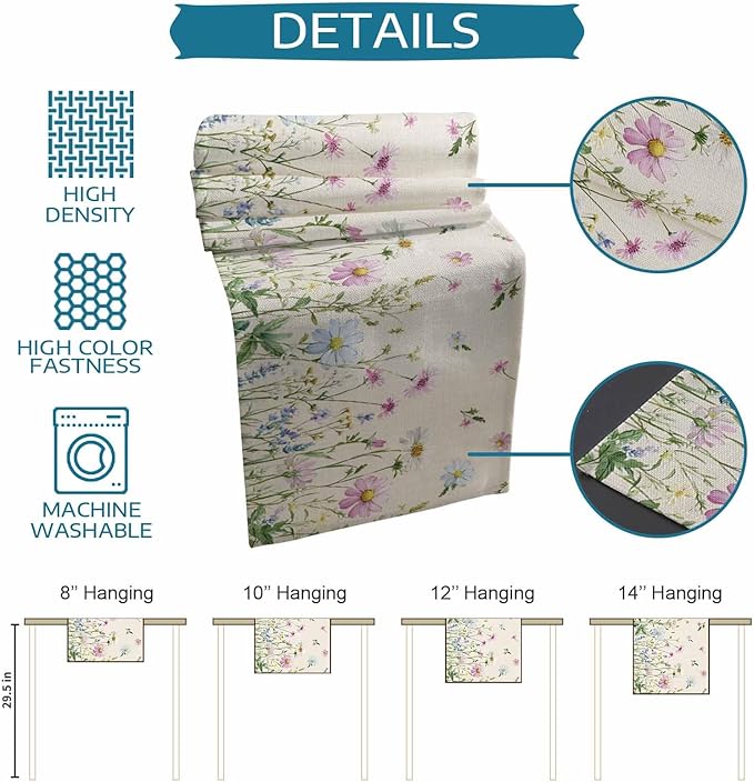 Vintage Wildflowers Cotton Linen Table Runner for Dining Kitchen, Wedding Outdoor Party Tablerunners Decoration, Farm Floral Pink Botanical Plants Dresser Scarf Coffee Tablecloth Runners 13x108 Inches