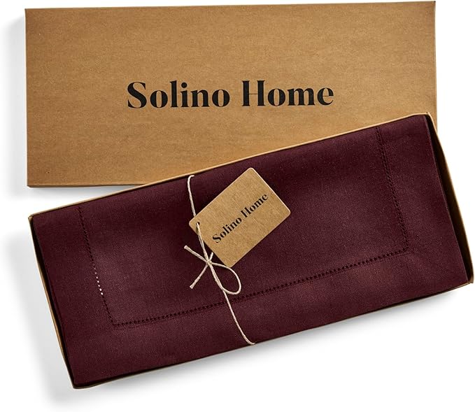 Solino Home Linen Burgundy Table Runner 90 Inches Long - 100% Pure Linen 14 x 90 Inch Table Runner for Fall, Autumn, Thanksgiving, Christmas - Classic Hemstitch