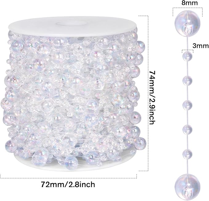 98FT Pearl Beads String Garland, 8mm 3mm Iridescent Faux Pearl Beads Roll Strand Bulk for Wedding Party Flower Christmas Decoration DIY Craft