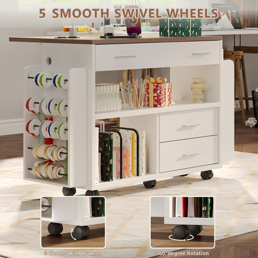 Wrapping Paper Storage Cart with Foldable Drop Leaf, Crafting Table with Power Outlets, Wrapping Paper Organizer with Ribbon & Gift Bag Storage, Rolling Gift Wrap Storage Station