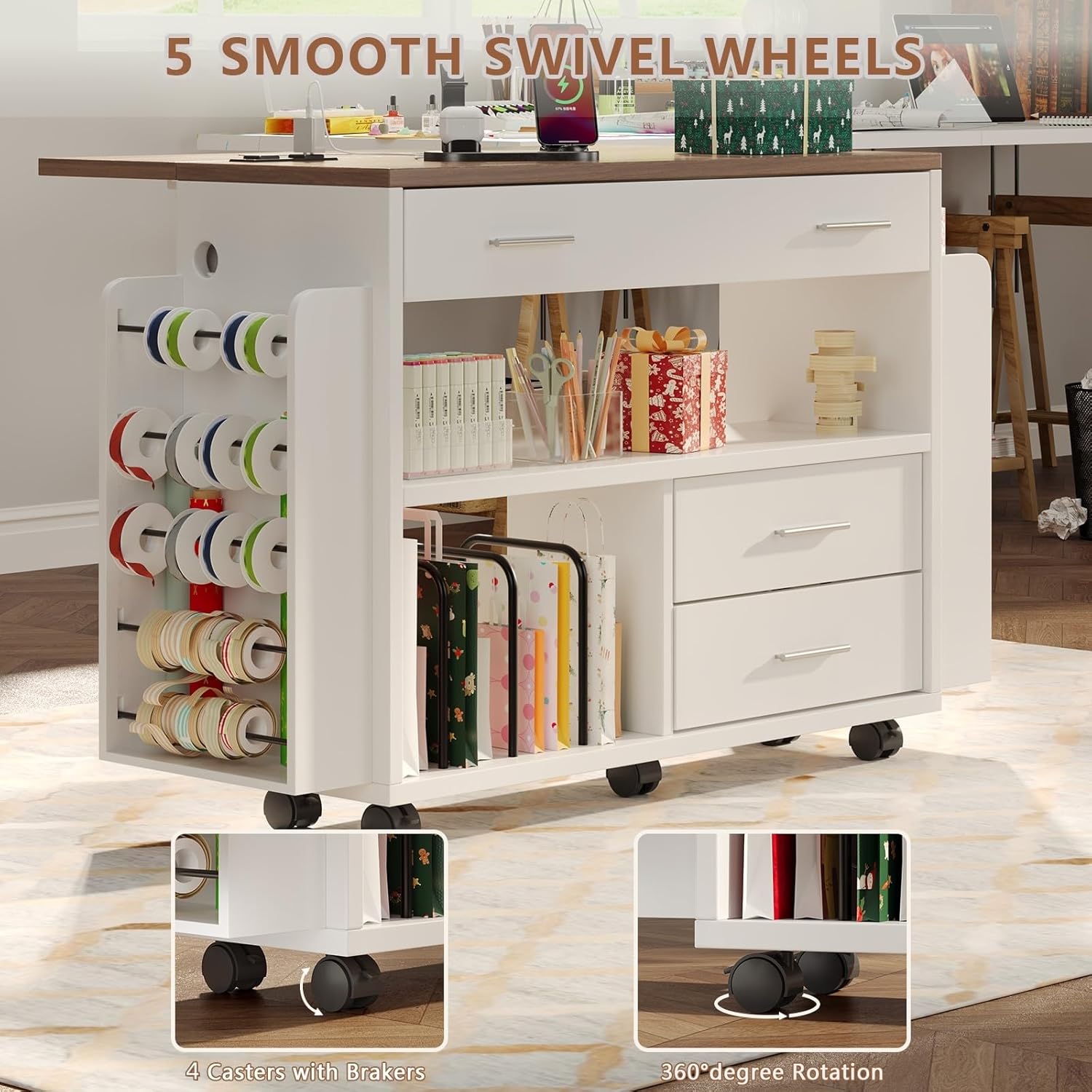 Wrapping Paper Storage Cart with Foldable Drop Leaf, Crafting Table with Power Outlets, Wrapping Paper Organizer with Ribbon & Gift Bag Storage, Rolling Gift Wrap Storage Station