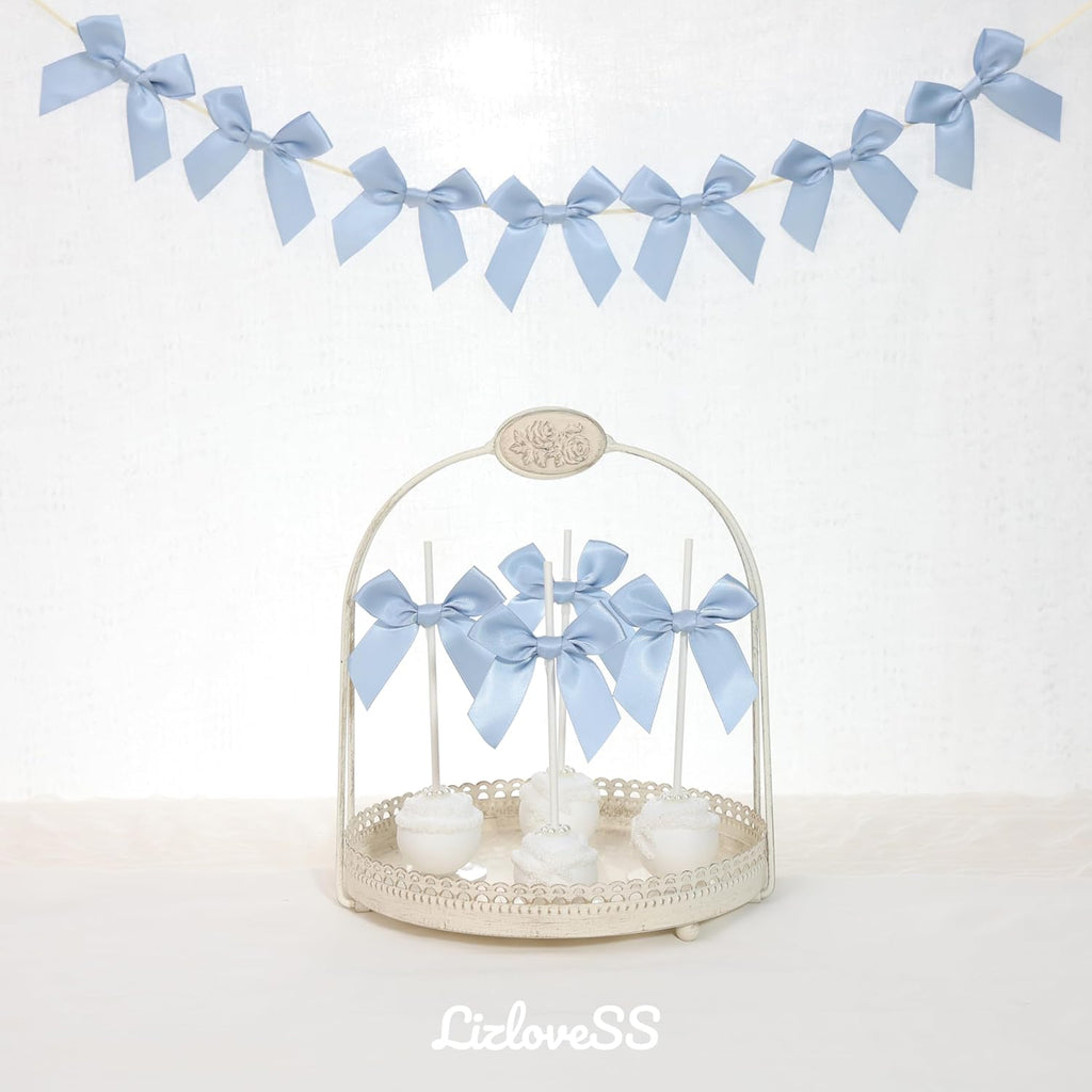 Pre-Tied Self Adhesive Dusty Blue Satin Ribbon Bows for Crafts 3" Small Blue Bow Decor for Coquette Birthday Party Decorations, Wedding, Gift Wrapping, Balloon, Baby Shower (50 Pack)