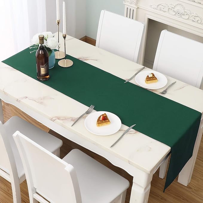 DUALIFE Dark Green Table Runner 14x72 Inch Thick Polyester Decorative Cloth Handcrafted for Wedding Party Birthday Graduations Hotel Restaurant Banquet Catering Services Event Forest Green 2 PCS