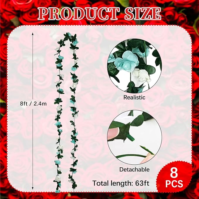 8Pcs 63Ft Teal&White Rose Garland, Fake Rose Hanging Flowers, Artificial Flower Vine, Hanging Floral Vine Garland for Wedding, Birthday Party, Wall Arch, Halloween, Christmas Garden Backdrop Decor