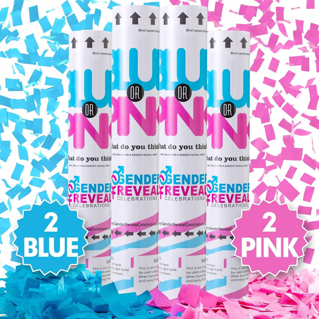 Premium Gender Reveal Confetti Cannon, Set of 4 Mixed (2 Blue 2 Pink) Gender Reveal Confetti Cannon Popper, for Gender Reveal Decorations and Baby Gender Reveal Party Supplies, Pink&blue