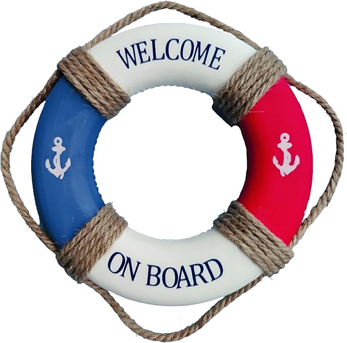 MorroMorn Lifebuoy Wall Hanging Decor - Welcome Aboard Mediterranean Style Home Decoration Hemp Rope (Red & Blue, 10")