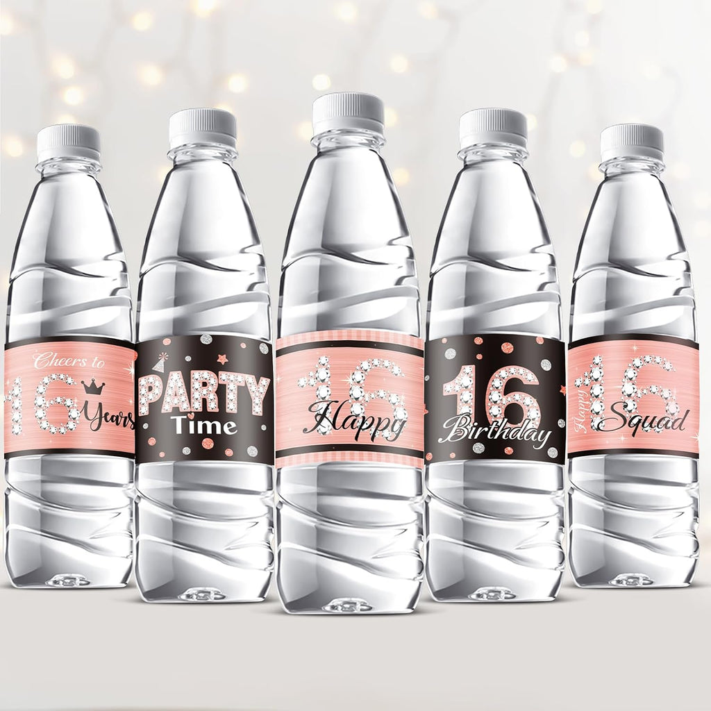 Zonon 39 Pieces Happy 16 Water Bottle Labels 16th Birthday Water Bottle Wrappers Happy Sixteen Waterproof Label Stickers for 16th Girls Birthday Party Decorations Guests Favors (Pink)