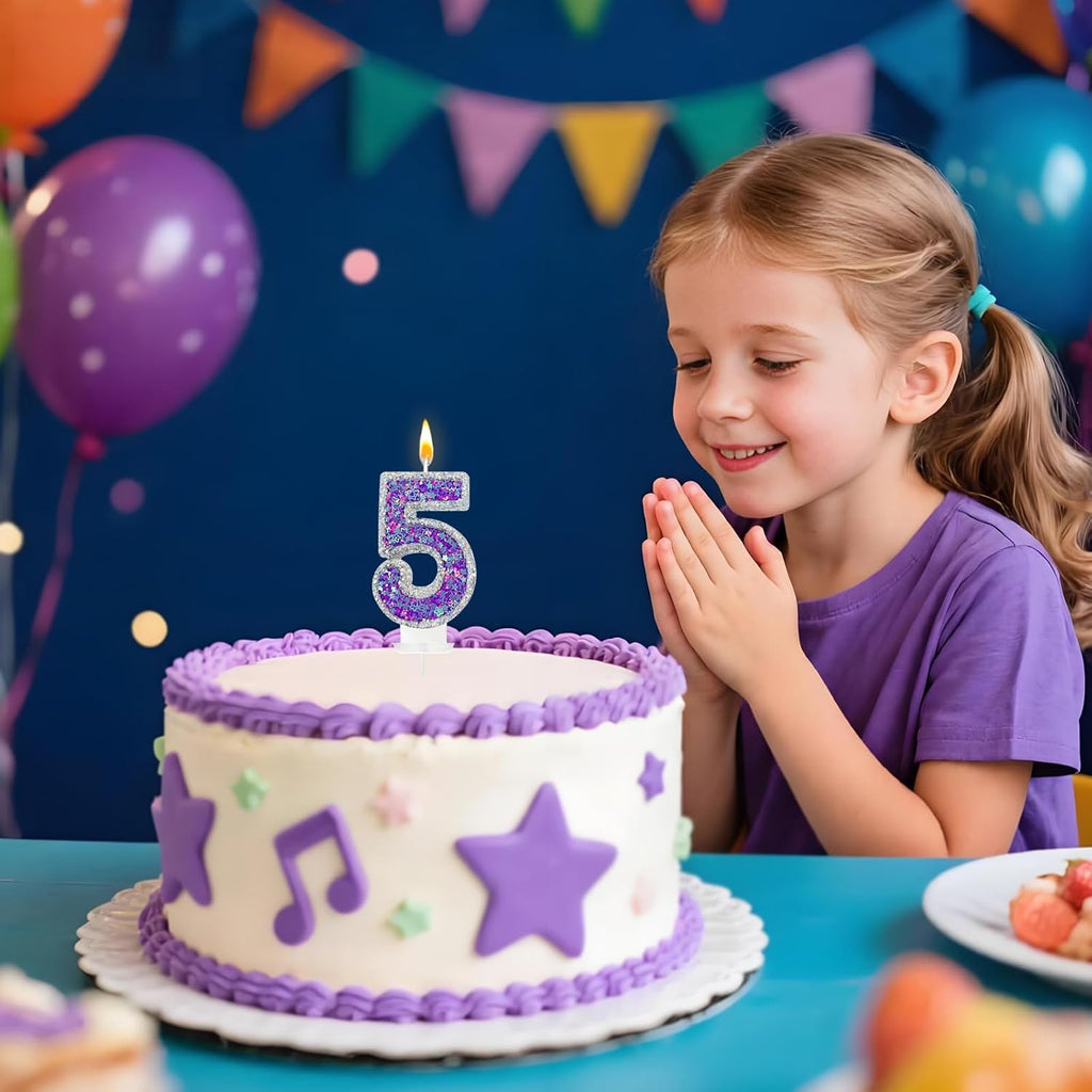 K-pop Number 5 Birthday Candle, Star Glitter Filled Number Candle, Purple Silver Fantasy Cake Topper for Birthday Party Decoration